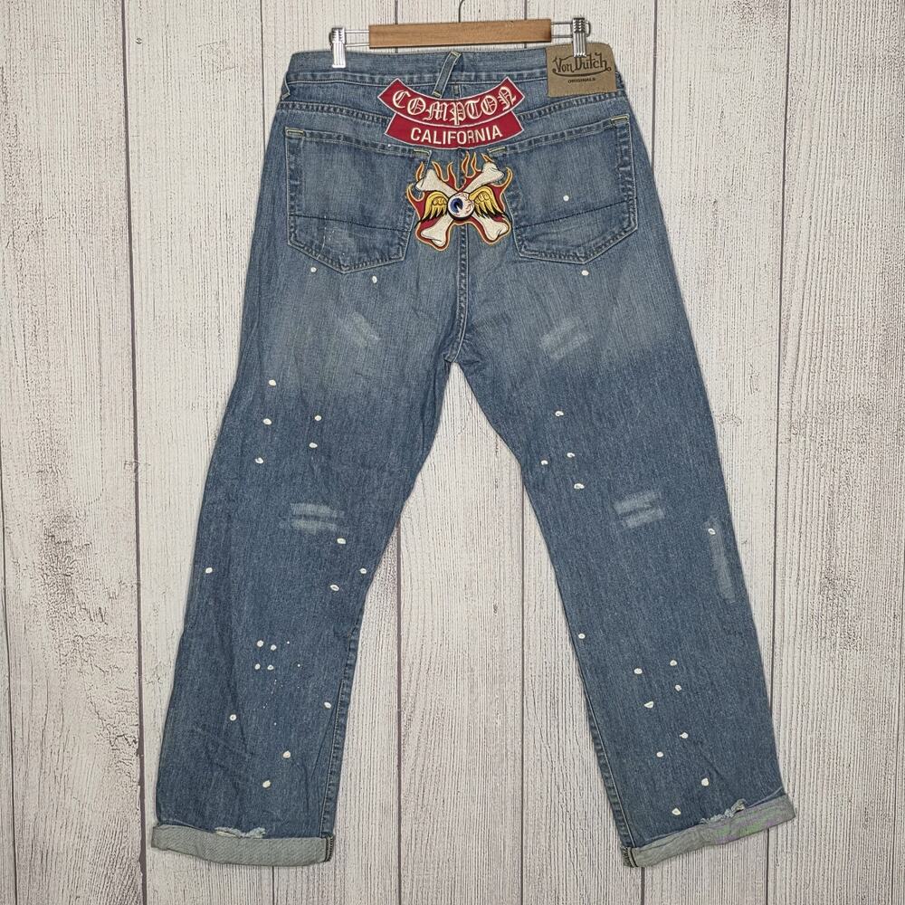 Y2K Von Dutch Compton Distressed Paint Splatter Jeans USA Made 34x32 - Picture 5 of 12